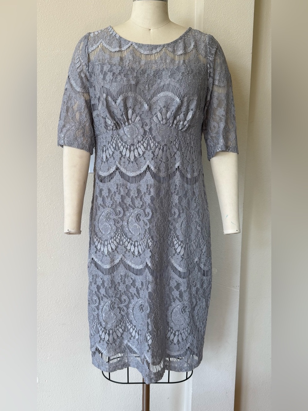 Midnight Velvet Gray Lace Midi Sheath Dress Modest Formal Evening Event Size 14